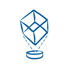 Illustration d'une marque en hologramme. Un fond rond avec un cube flottant au-dessus.